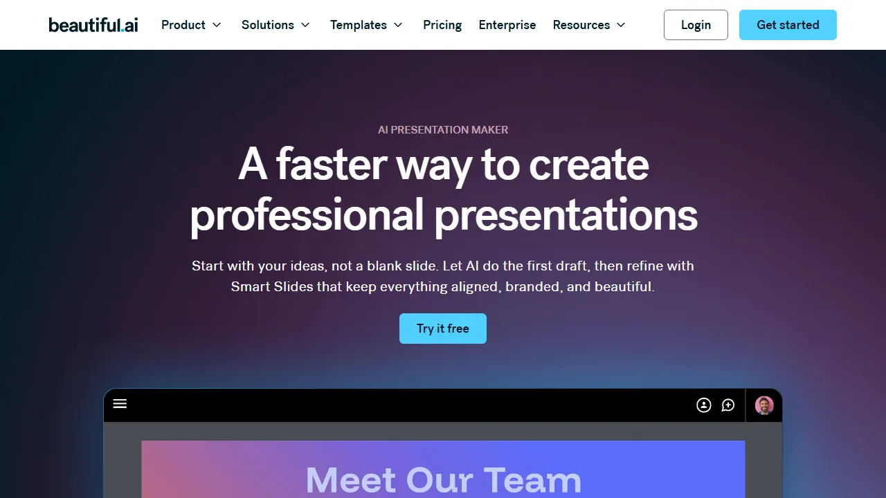 Beautiful.ai interface screenshot showing the main dashboard