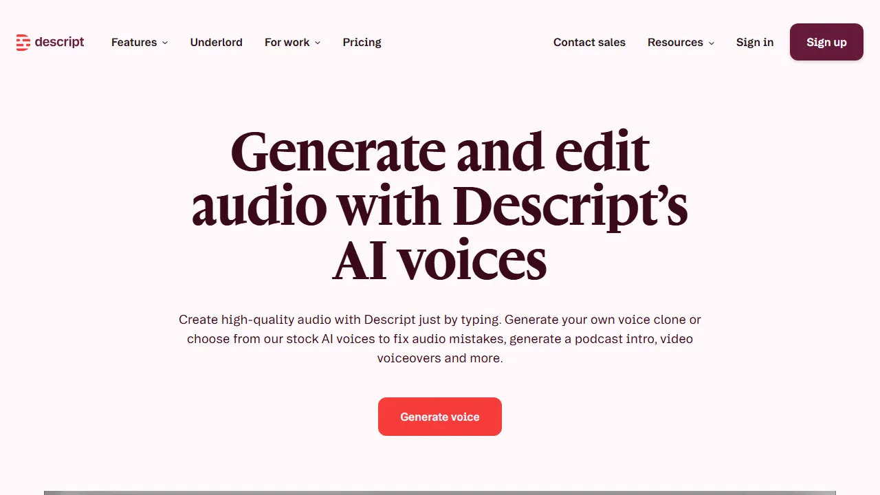 Descript AI Voice interface screenshot showing the main dashboard