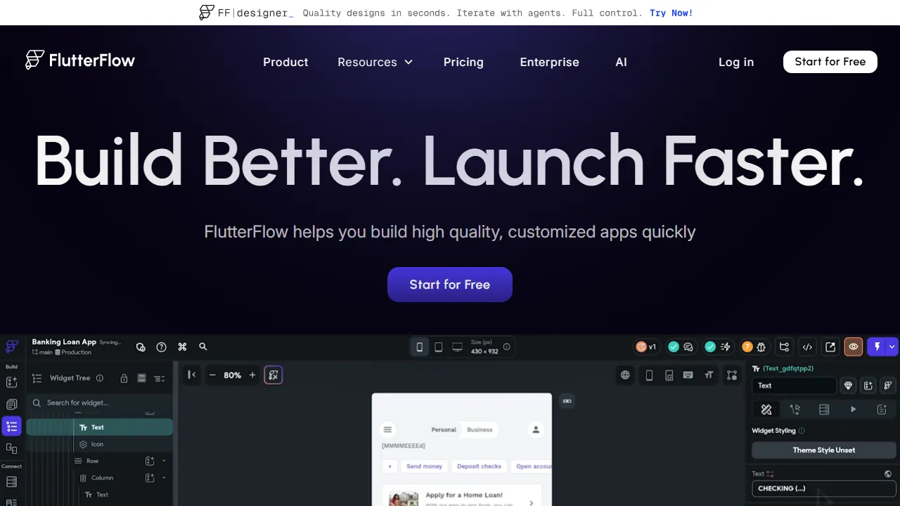 FlutterFlow interface screenshot showing the main dashboard