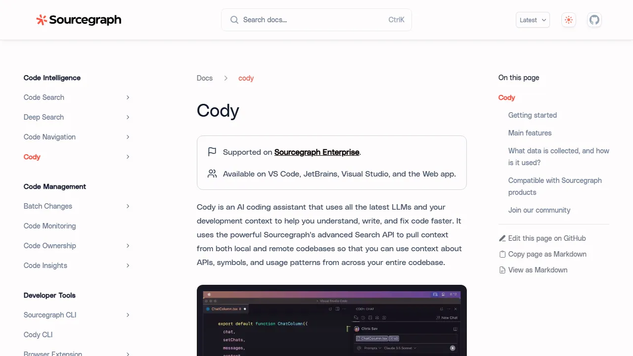 Sourcegraph Cody interface screenshot showing the main dashboard