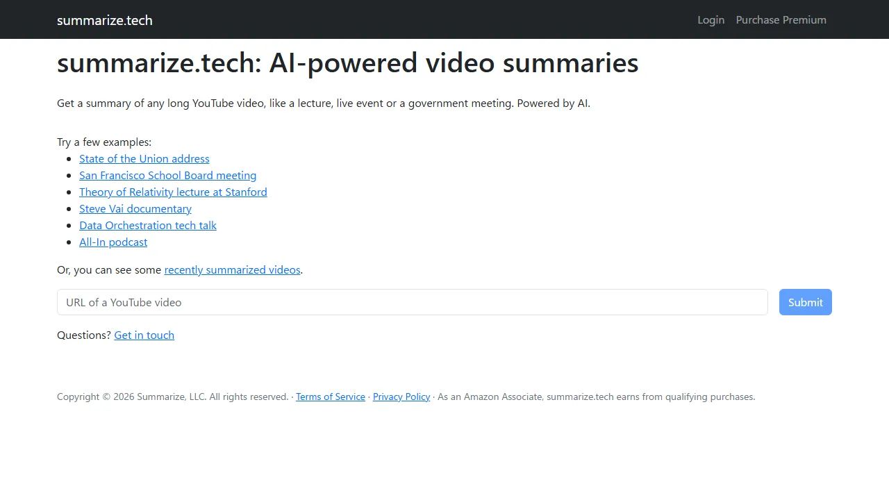 Summarize.tech interface screenshot showing the main dashboard