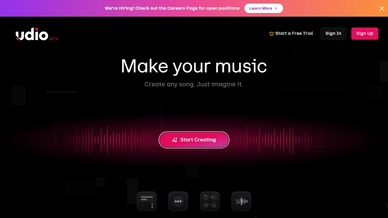 Udio interface screenshot showing the main dashboard